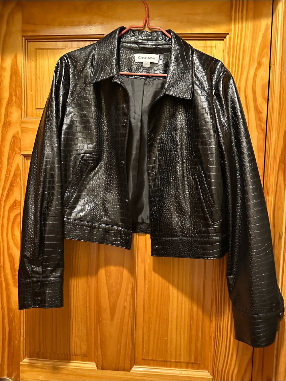 Calvin Klein Black Croc-Embossed Faux Leather Cropped Jacket